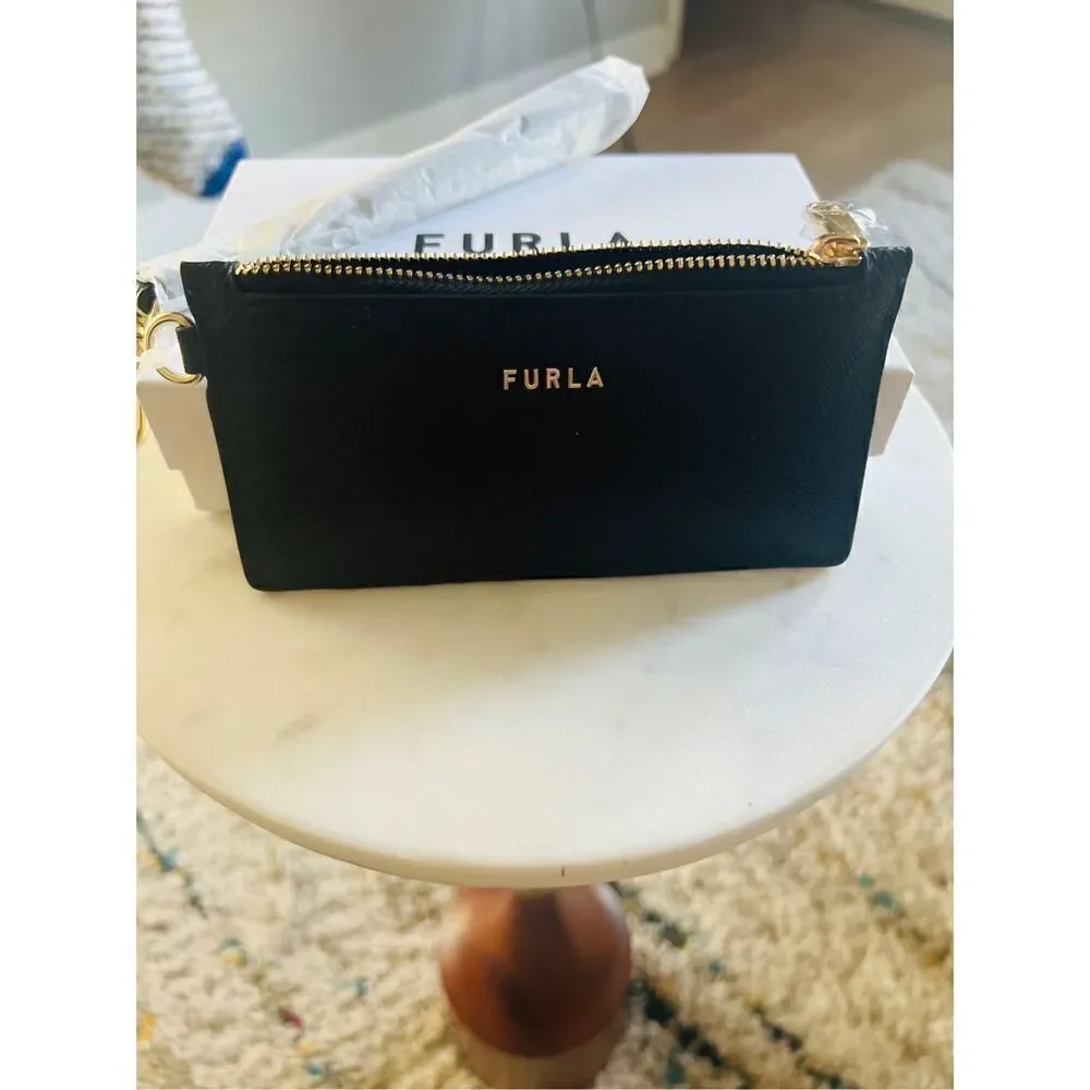 FURLA Classic Credit‎ Card Case Leather Wallet Wristlet, Black, Wrist Strap, NWT